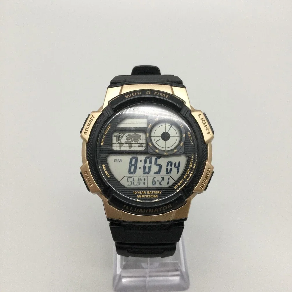 Casio 3198 AE1000W Mens Watch 43mm Gold World Time Illuminator 100M Black